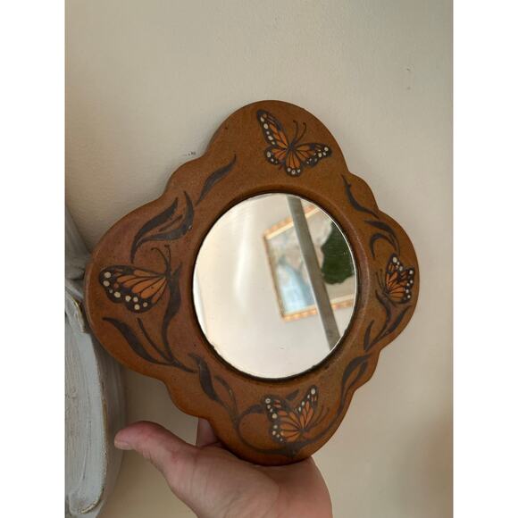 Vintage Wall Mirror pottery clay butterflies Heavy Stoneware Clay brown 9” hang - Picture 6 of 16